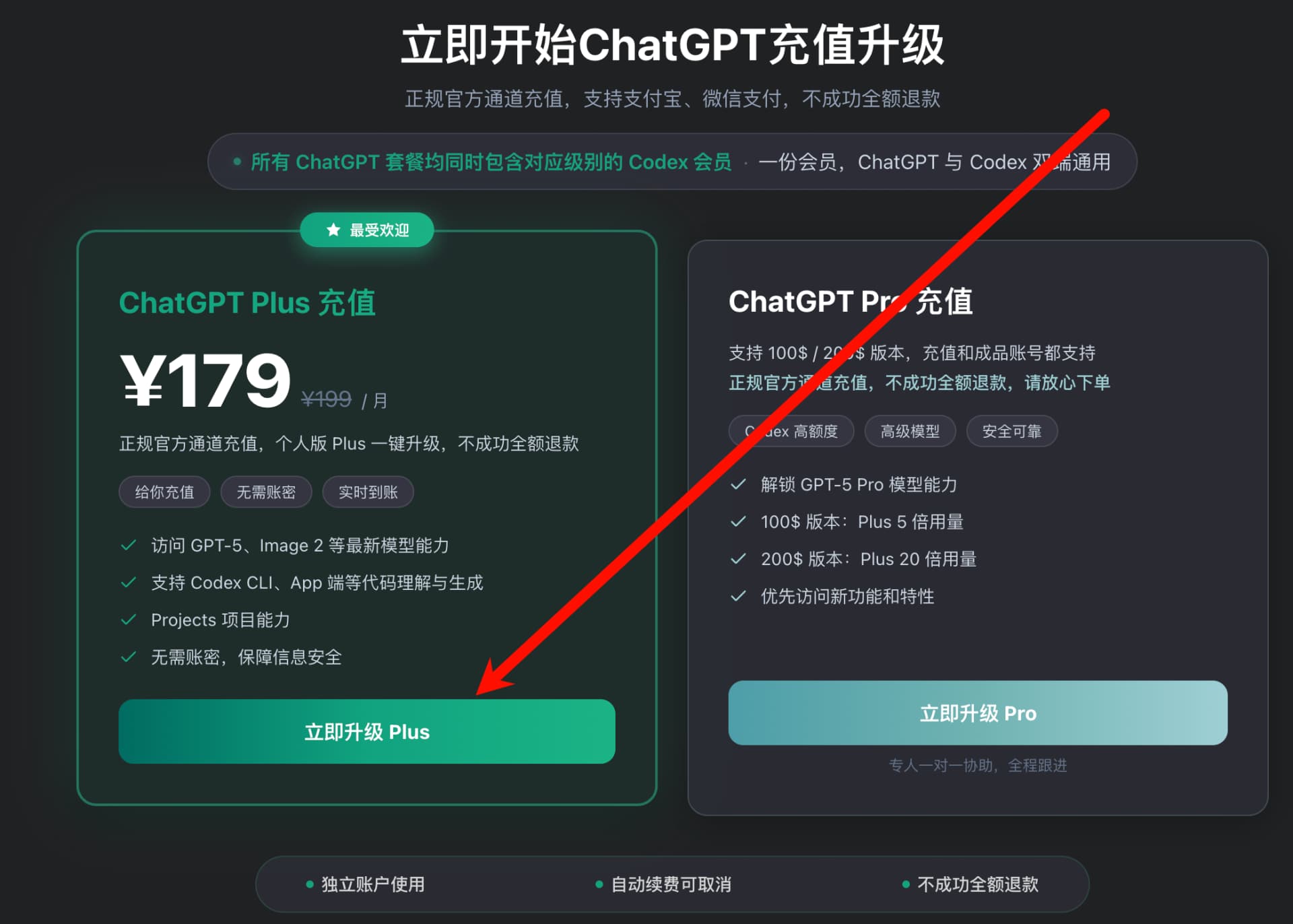 在下单页面选择 ChatGPT 充值套餐