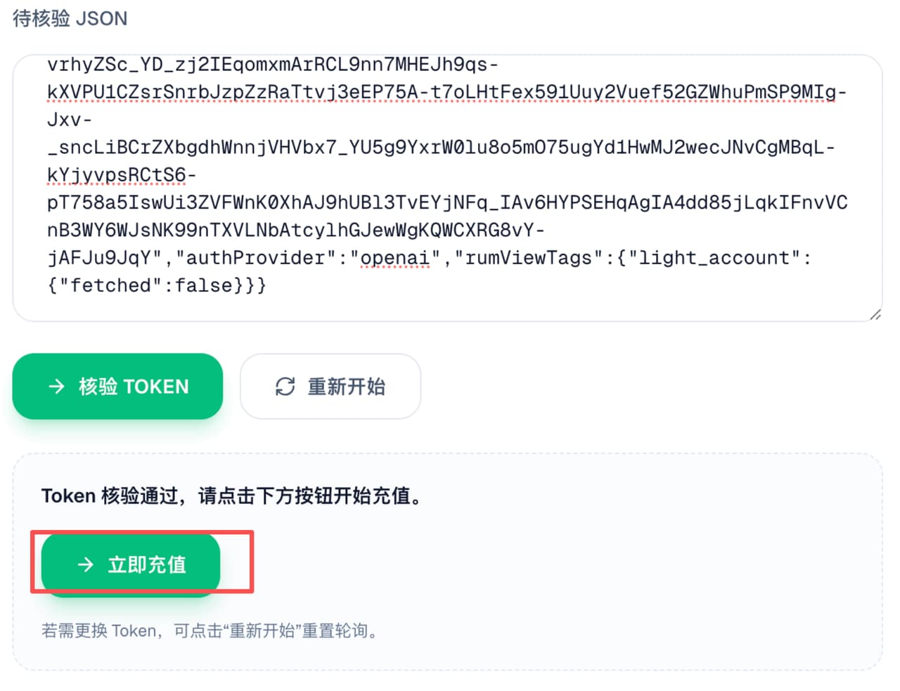 Token 核验通过后点击立即充值
