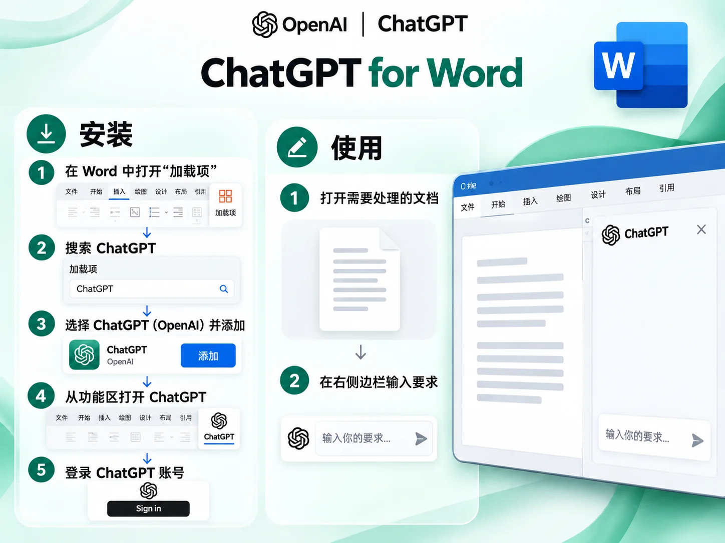 ChatGPT for Word 插件安装、登录与侧边栏使用界面