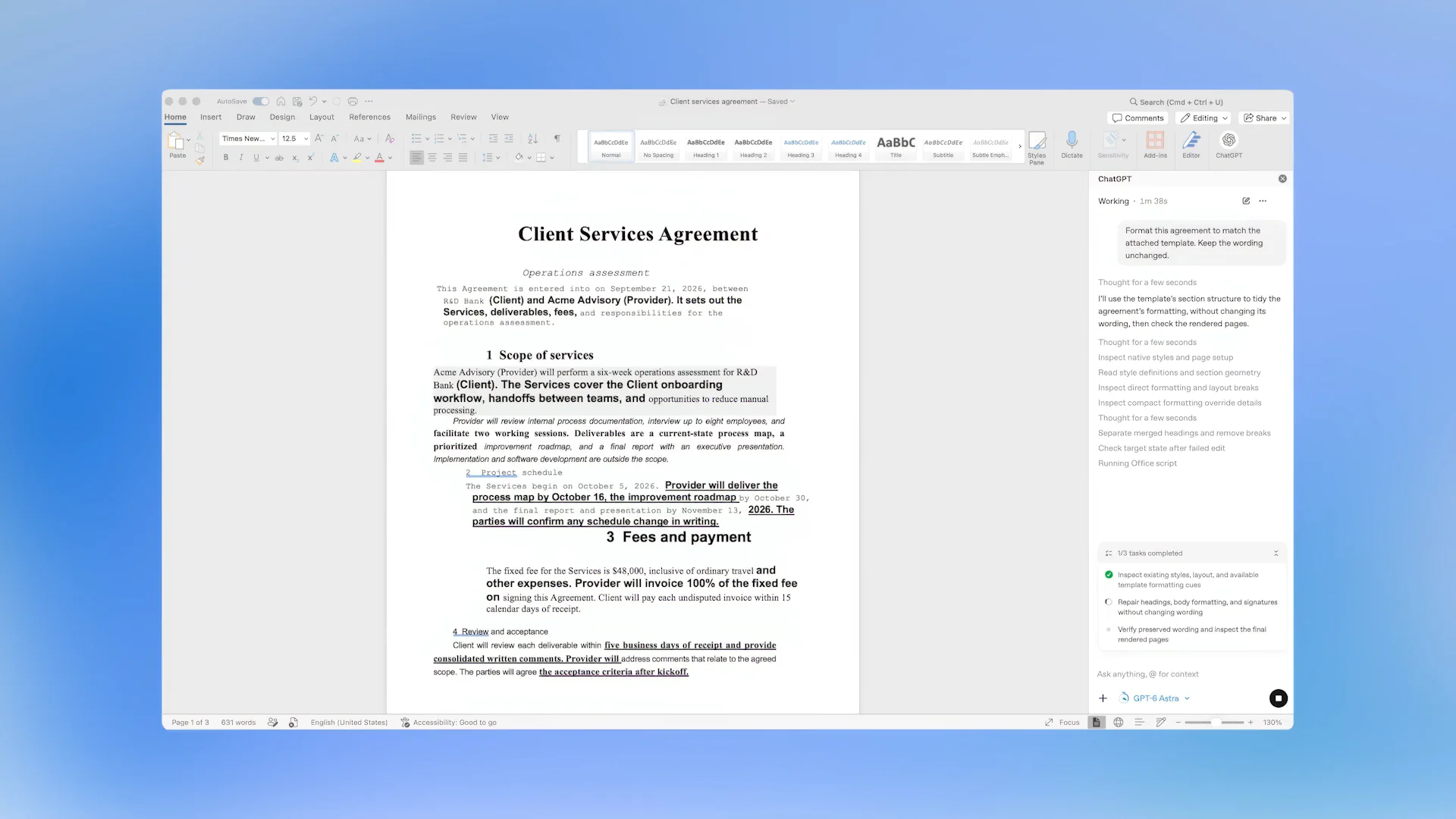 官方视频操作截图：ChatGPT 分析 Word 格式并显示任务进度