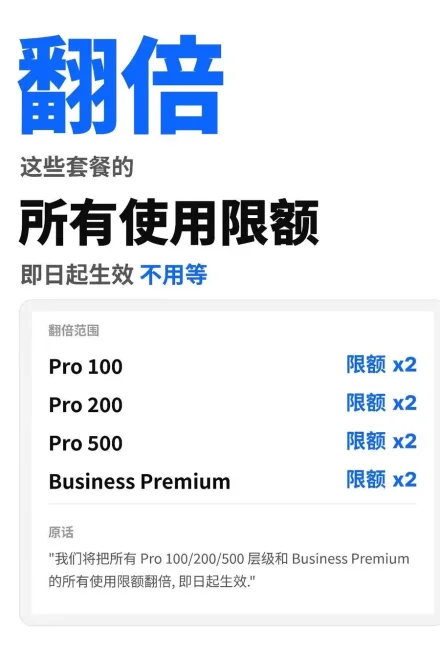 Pro 100、Pro 200、Pro 500 与 Business Premium 限额 x2
