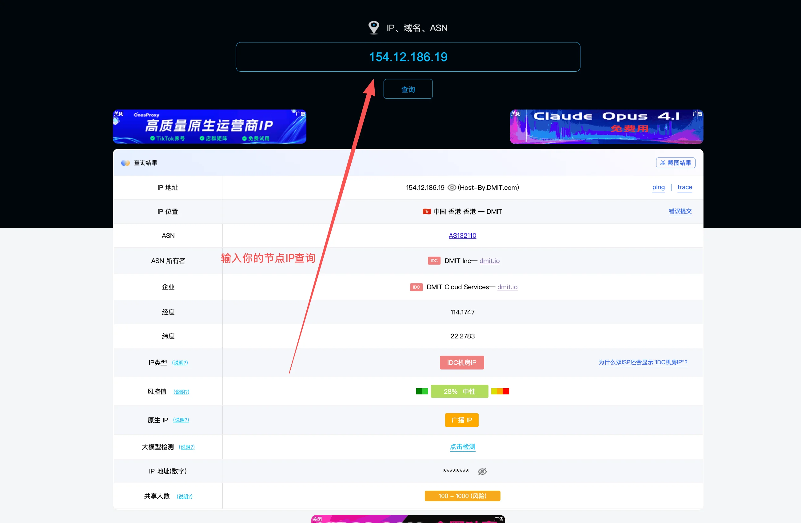 Ping0.cc 检测 IP 质量结果页面