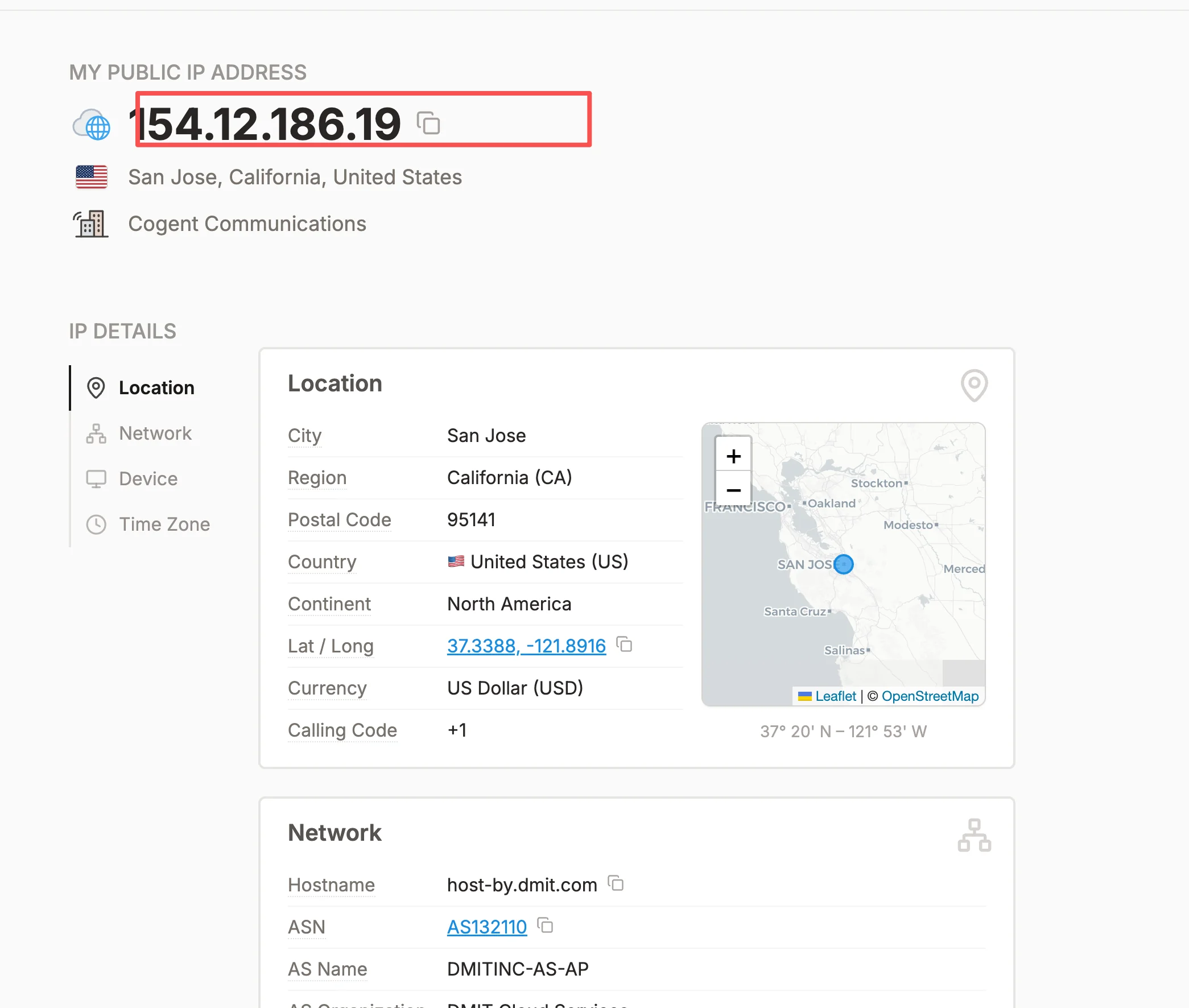 通过 myip.info 查询代理节点 IP 地址