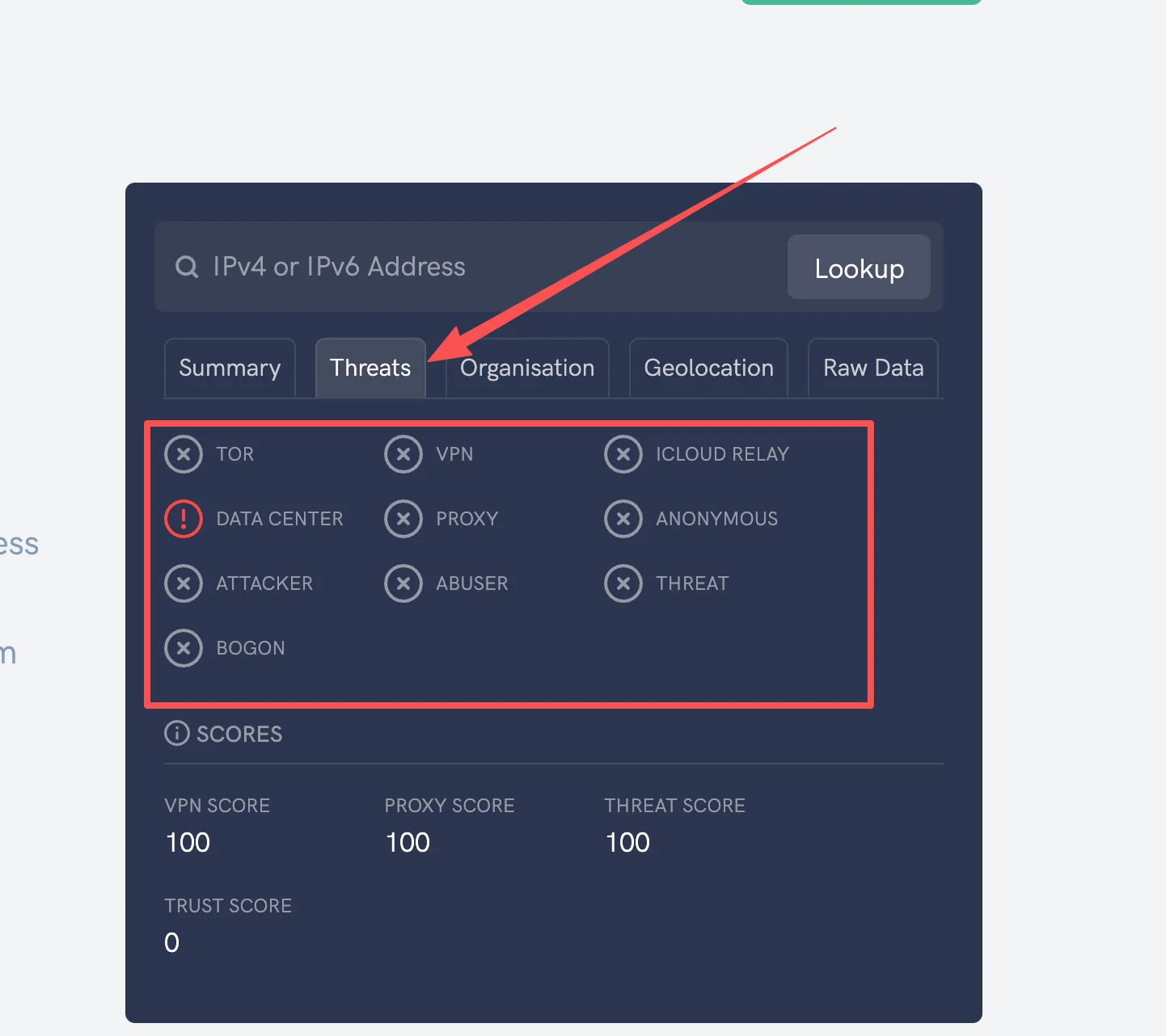 ipdata Threats 面板有问题的 IP 示例