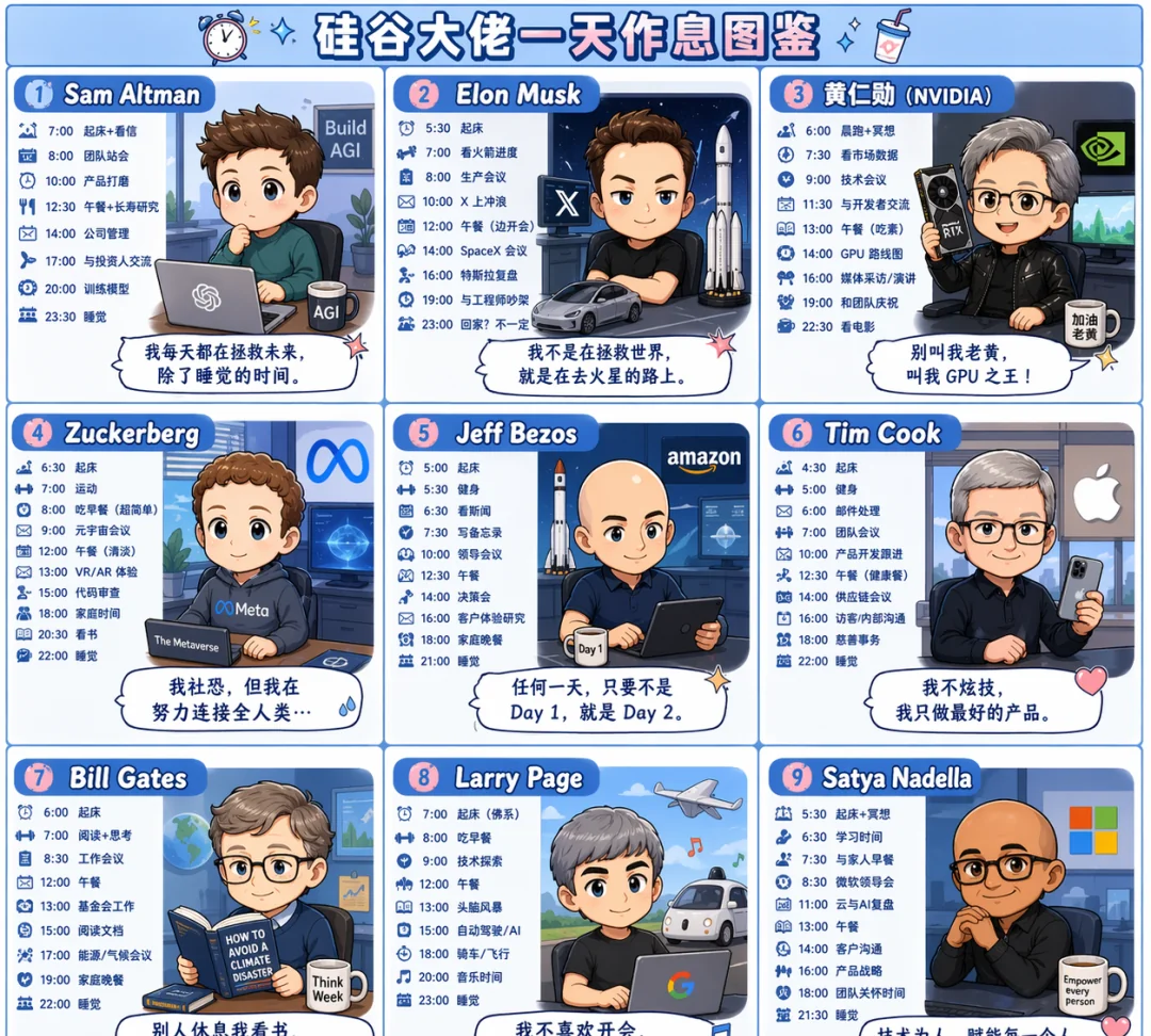 ChatGPT 生成的硅谷大佬作息图鉴Q版卡通