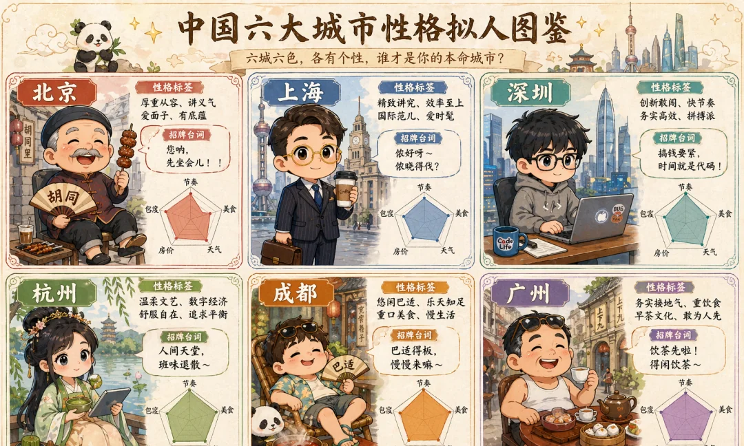 ChatGPT 生成的中国六大城市性格拟人图鉴