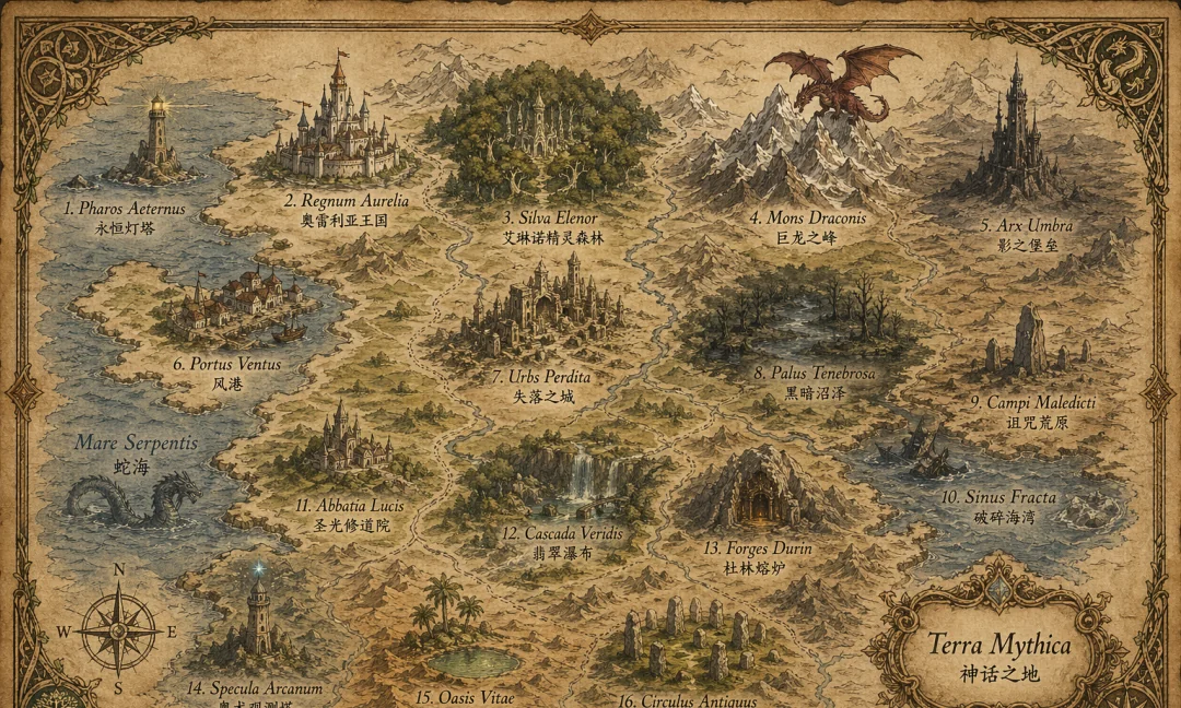 ChatGPT 生成的托尔金式幻想世界手绘地图