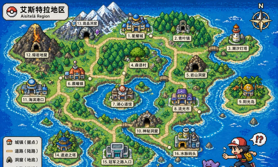 ChatGPT 生成的宝可梦风格虚构区域地图