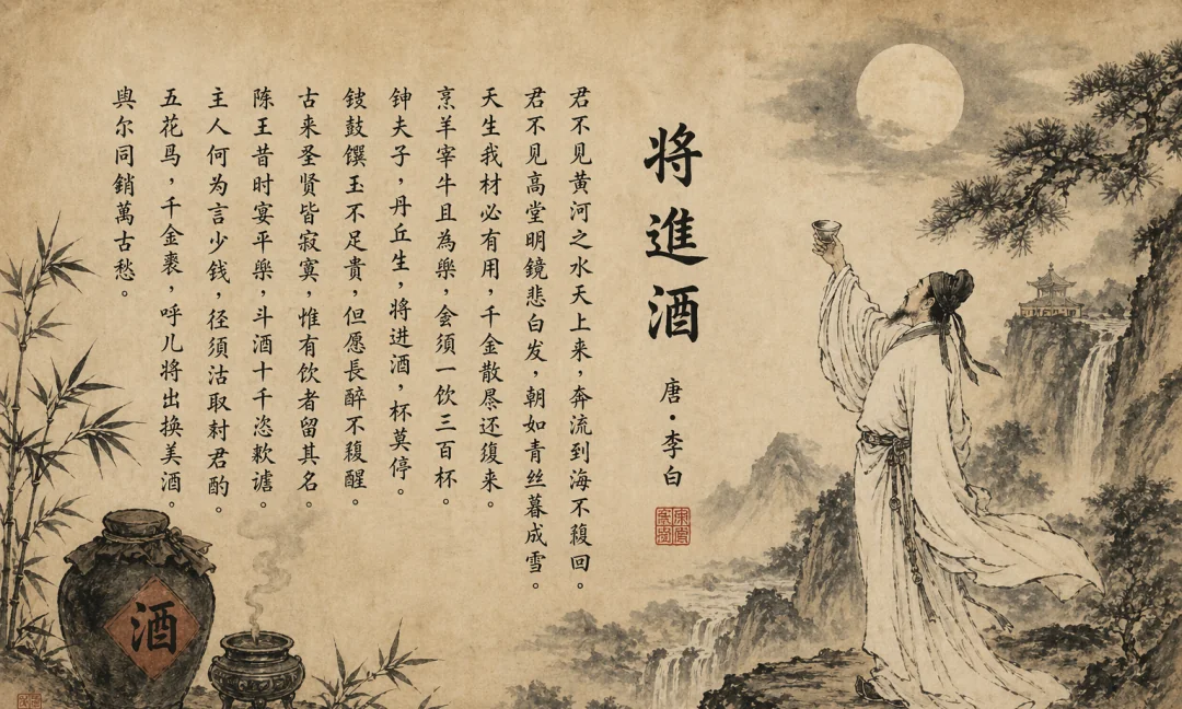 ChatGPT 生成的中国古典水墨将进酒配诗图