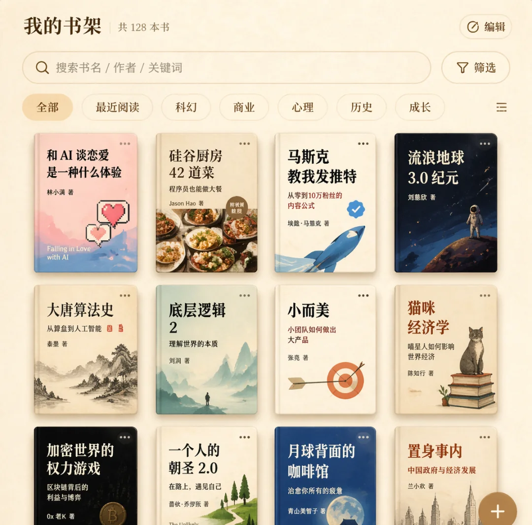 ChatGPT 生成的阅读App书架界面