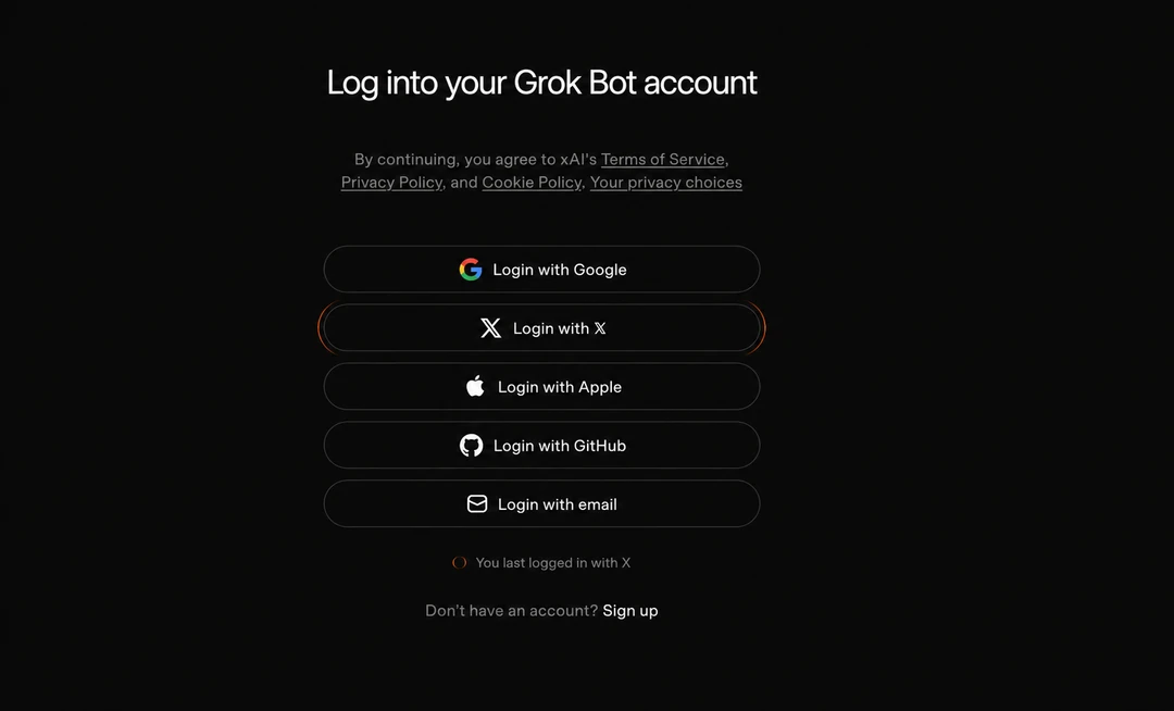 Grok Bot 登录页支持 Grok、X 和 Cursor 等账号