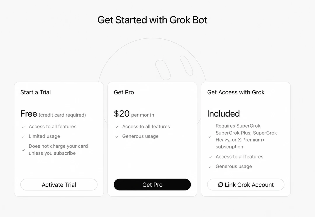 Grok Bot 免费试用与 Pro 套餐选择页面