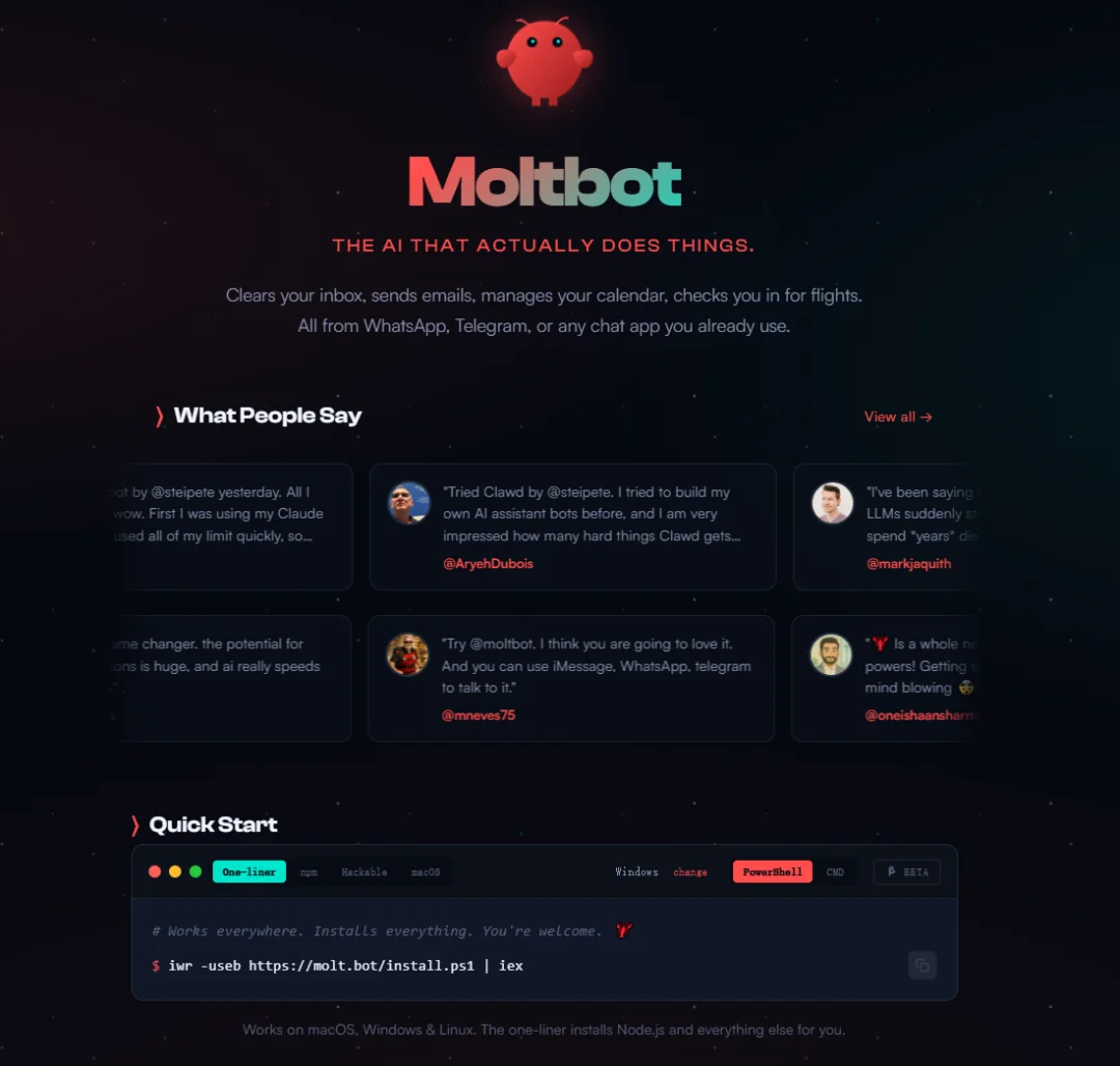 Moltbot 官网截图：原 Clawdbot 已更名