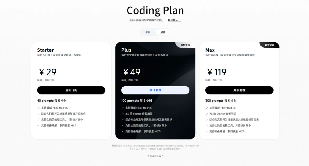 MiniMax Coding Plan 套餐价格