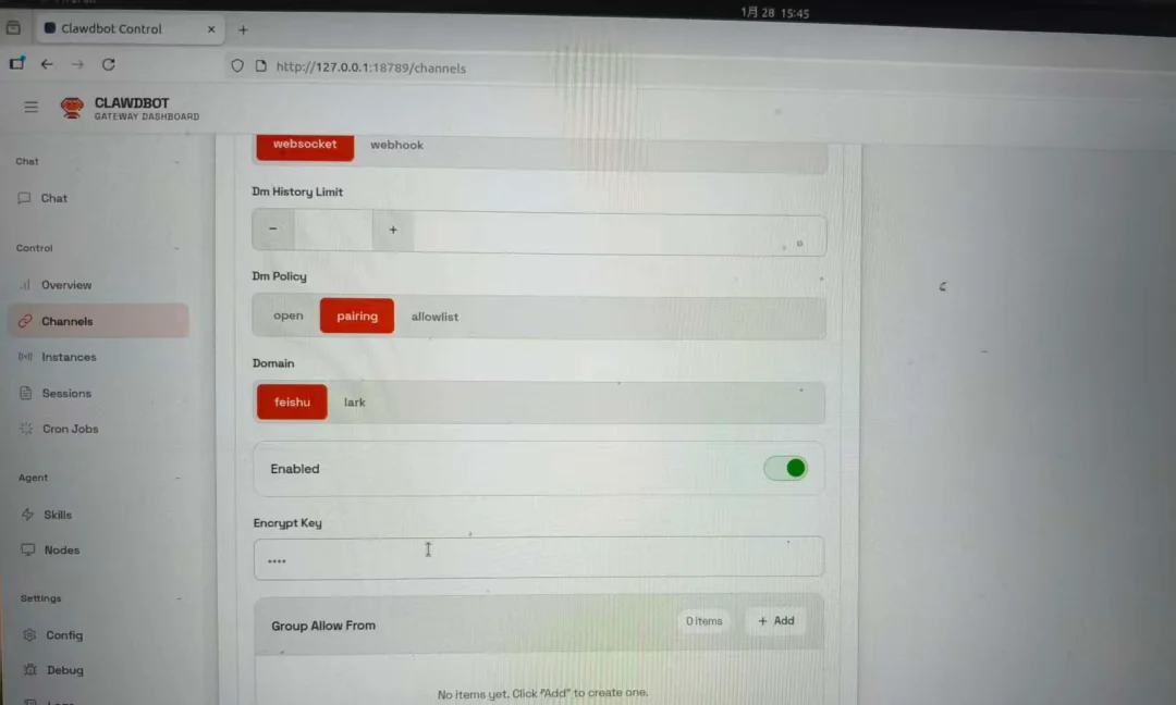 OpenClaw飞书Channel已连接状态界面